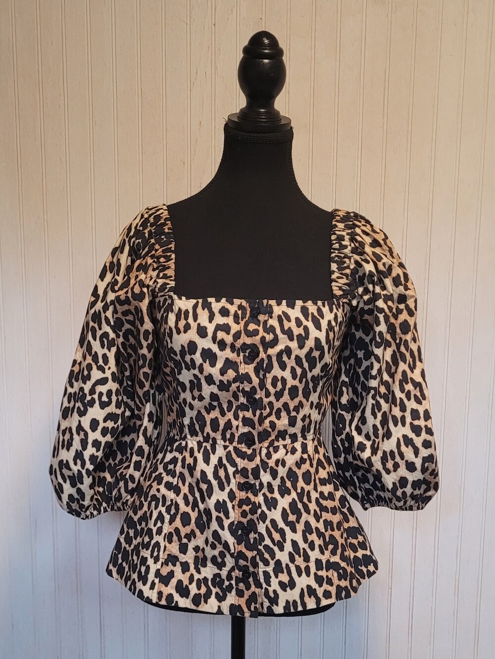 GANNI Leopard Print Cotton Poplin Peplum Blouse Size 34/XS EUC